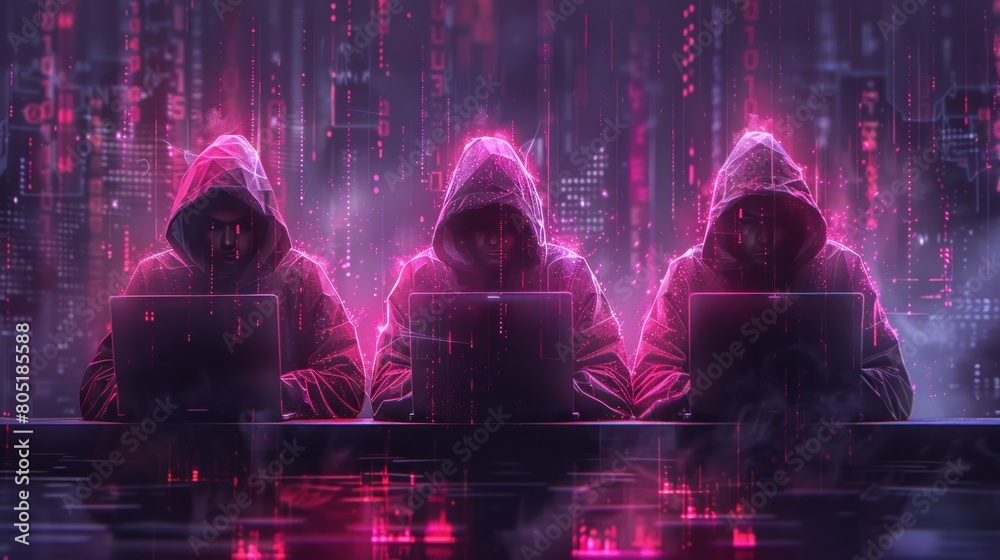 Obraz premium Group of hooded hackers in cybersecurity concept