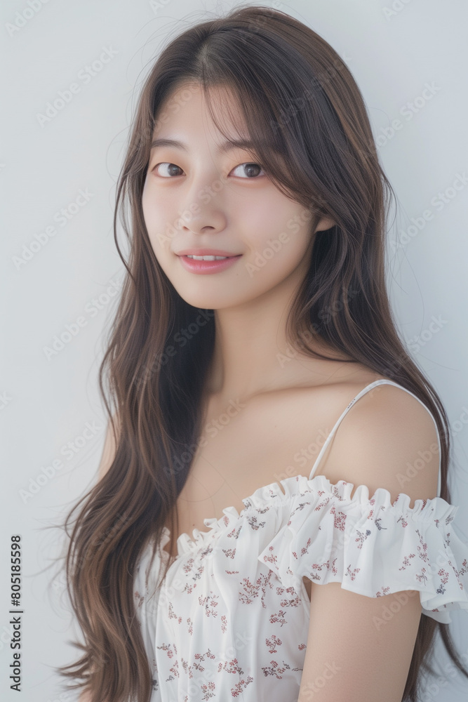 Young Asian woman with a gentle smile. Portrait of a young Asian woman smiling gently, wearing a floral off-shoulder top. AI generative. Young Asian woman with a gentle smile. Portrait of a young Asian woman smiling gently, wearing a floral off-shoulder top. AI generative.