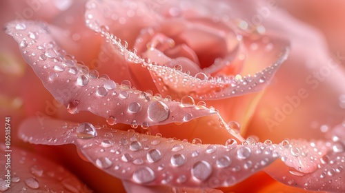   A tight shot of a pink rose  adorned with dew droplets  with another pink rose in the foreground