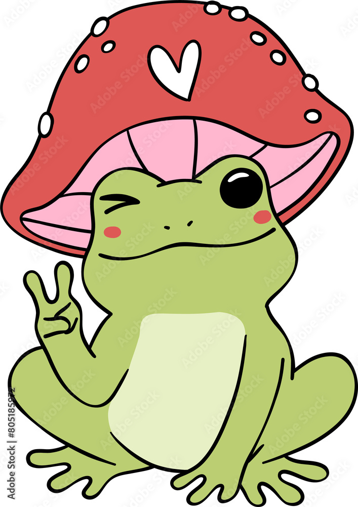 Obraz premium Retro frog with peace sign, frog with mushroom hat cartoon doodle