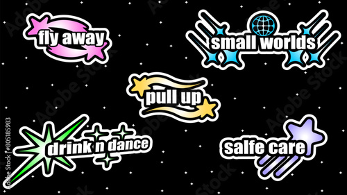 Retro Y2K sticker logo. Trendy abstract star shapes, universal objects for design, projects, posters, banners and business cards. Elements collection