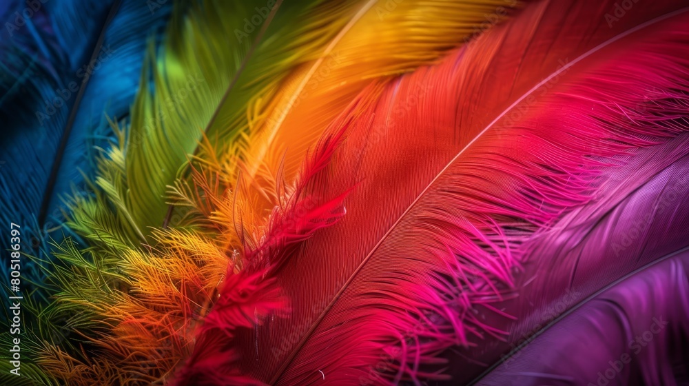Obraz premium A tight shot of a multicolored bird's intricately arranged feathers against a backdrop of the rainbow's vibrant hues
