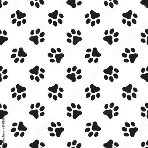 Black cat's paws prints on white background. Vector seamless pattern. Best for textile, home decor, wallpapers, wrapping paper, package and web design.