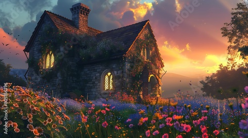 Amidst a sea of wildflowers, a charming cottage basks in the gentle light of dawn, its stone walls echoing the colors of the sunrise, its windows aglow with the promise of a new day, 