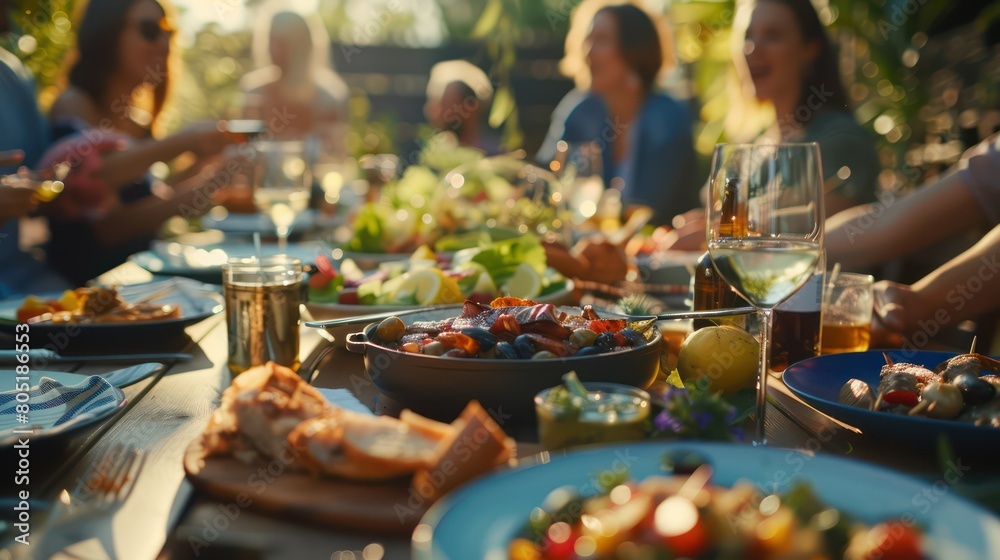 there are many people gathered at a table with food and drinks, people outside eating meals