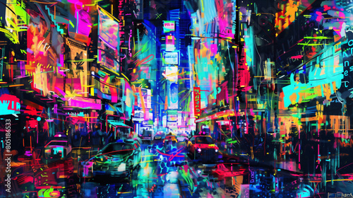 Abstract city night life design with swirling colors and light effects. Illustration, background, advertising image.