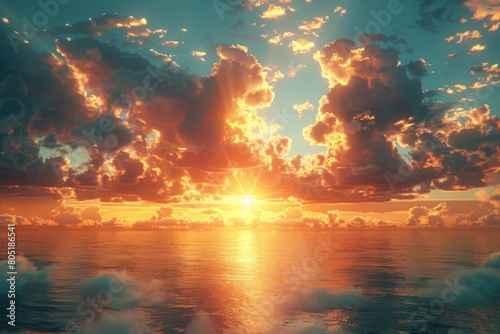 Beautiful sunset above the sea over the golden clouds with sunbeams