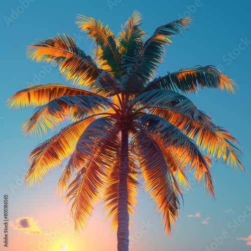 Coconut palm tree against blue sky at sunset. Tropical background