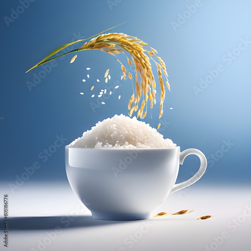 Perfectly cooked rice in cup on white and blue background. Versatile staple, global cuisine significance.