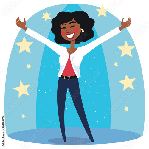 African American woman celebrating success, joyful confident. Stars sparkle around raises arms happy gesture, stylish business attire. Success joy against starry backdrop, professional attire