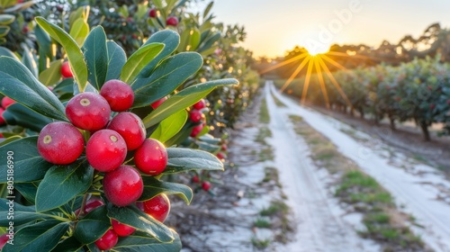   A tree teeming with numerous red berries atop a verdant, foliage-rich tree bedecked in abundant green leaves photo