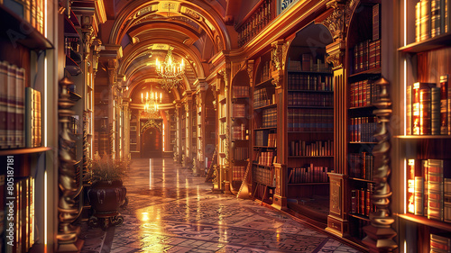 Eyecatching Silent library halls lined with ancient tomes the volumes blur with wisdom
