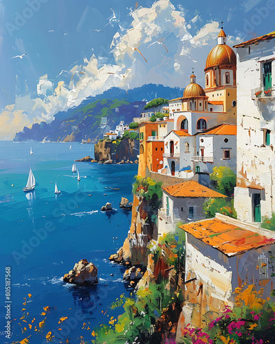 An oil painting of the Amalfi coast in the impressionist style
