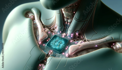 A computer chip is embedded in a human body. The chip is blue and is surrounded by a pink glow.