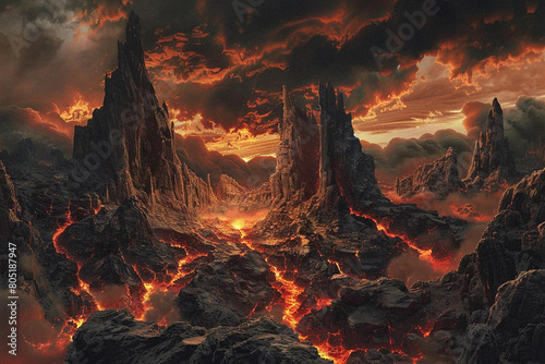 molten lava flows through a desolate volcanic landscape, casting an ominous red glow on the towering rock formations. the air is thick with ash and smoke. photo