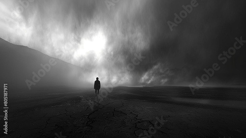 A lone wanderer traverses a desolate cracked earth ashen landscape, a solitary figure against the backdrop of a turbulent sky.