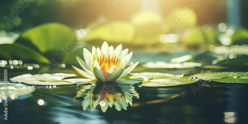 Serene lotus water lilies floating gracefully on a tranquil pond. Peaceful green ambiance with delicate petals glistening in the warm sunlight. © iconogenic