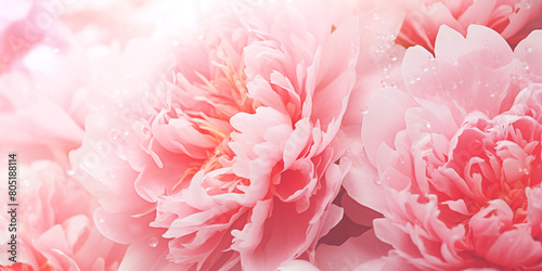 Close-up of fresh lush pink peony flowers. Floral peony background. © iconogenic