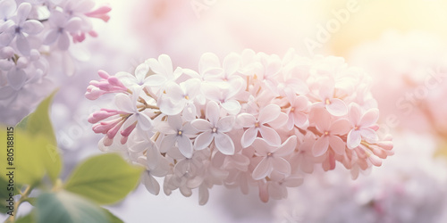 Lilac blossoms in full bloom, captured in soft focus. These delicate flowers exude a subtle fragrance, their pastel hues adding a touch of elegance. © iconogenic