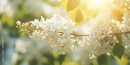White lilac flowers blossom on a branch in may. Hazy and fragrant, sunny atmosphere for spring background.