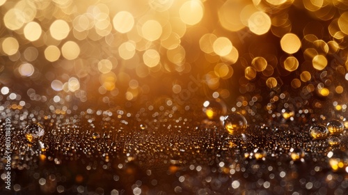   A close-up of water drops on a surface with a blurred background of distant  soft light  and a focused foreground of bright  selective light