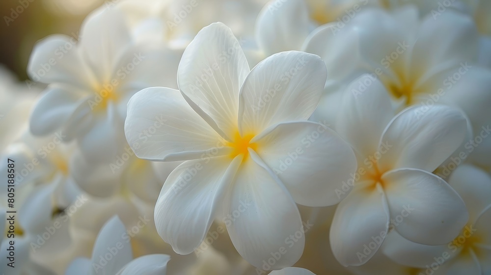 A tight shot of numerous white blooms, each with yellow stamens at their core A tight shot of numerous white blooms, each with yellow stamens at their core
