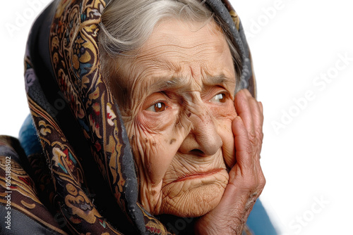 Sad Old Woman with Teardrop Rolling Down Cheek On Transparent Background.