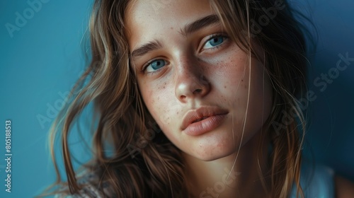Pensive young woman against blue