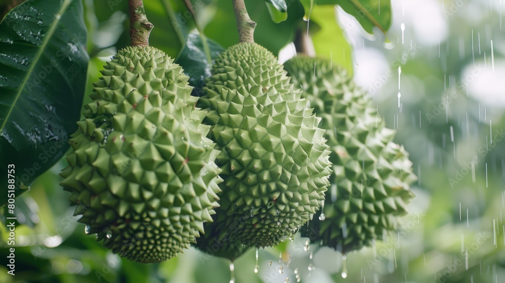 A tree laden with durians, dripping with water from above A tree laden with durians, dripping with water from above