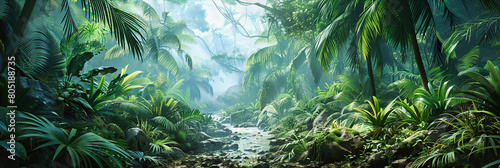 Dense tropical jungle under morning sunlight, lush greenery and mist creating a mystical ambiance