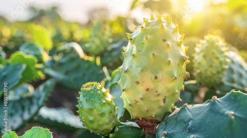   A cactus up-close in a field  sun illuminating its leaves  background softly blurred