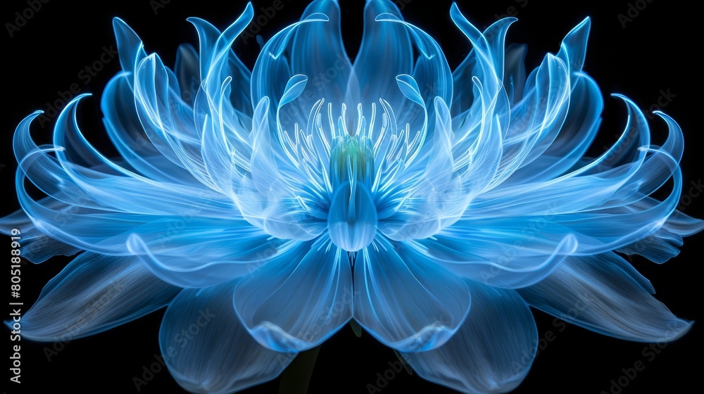 A blue flower on a black background has a green center A blue flower on a black background has a green center