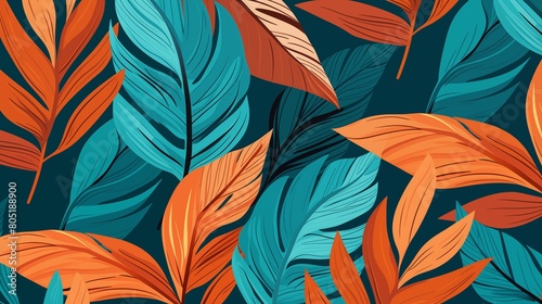 Abstract Botanical Leaves Pattern In Vibrant Orange And Blue.