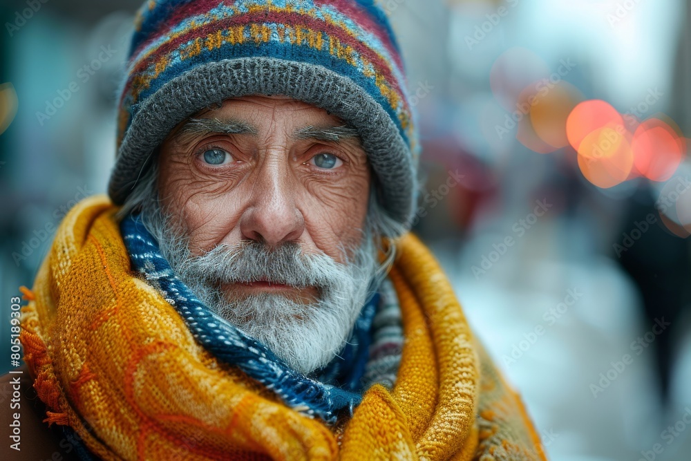 Elderly man with a yellow scarf and soulful eyes offering a glimpse into his life experiences Elderly man with a yellow scarf and soulful eyes offering a glimpse into his life experiences
