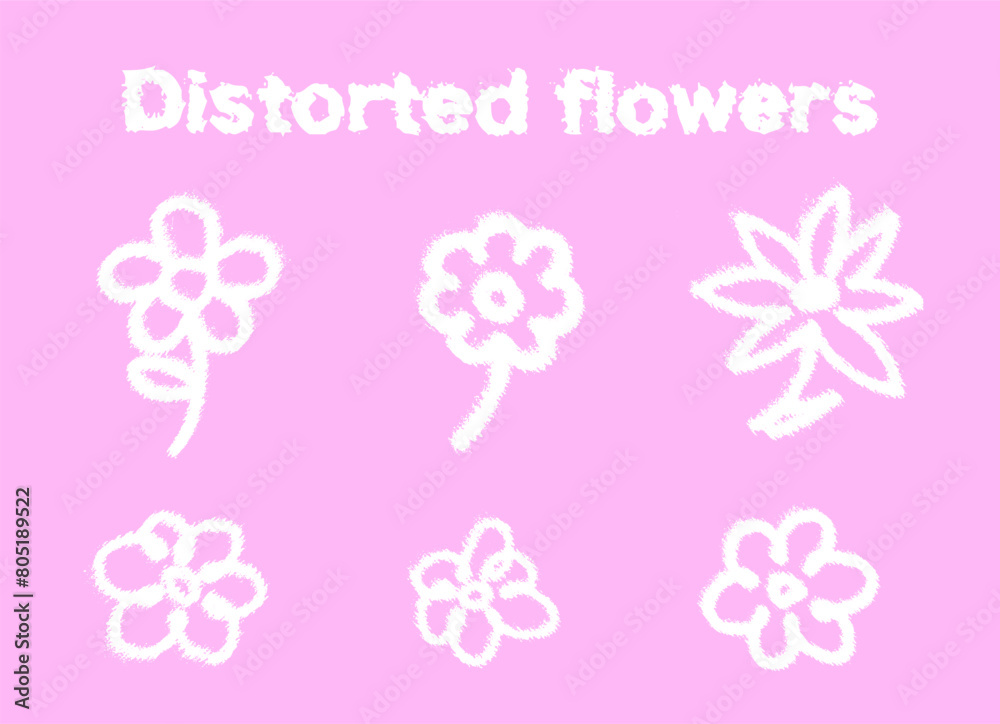 Abstract distorted flowers. Retro groovy floral graphic with grunge effect. Vector set 