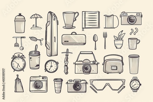 Set of hand drawn icons, collection illustrations for design. Adventure equipment and accessories.  Ai generated