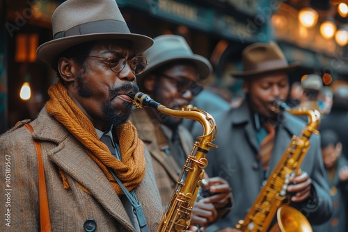 A vibrant street scene of a jazz band with saxophonists wearing vintage styled clothes