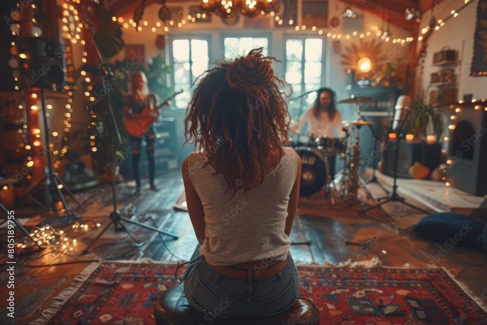 Obraz premium Casual young woman sits comfortably while observing friends play music surrounded by a homely setting with soft lighting and bohemian decor