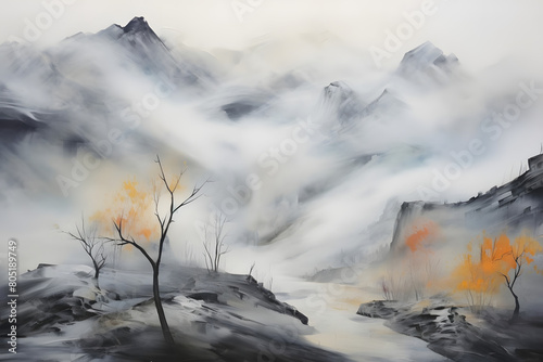melancholic valley fog, abstract landscape art, painting background, wallpaper