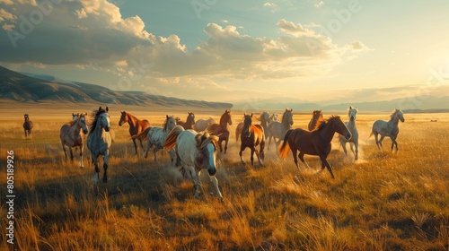 Horse Herd Racing Across Sunlit Summer Pastures, Symbolizing Freedom and Natural Splendor