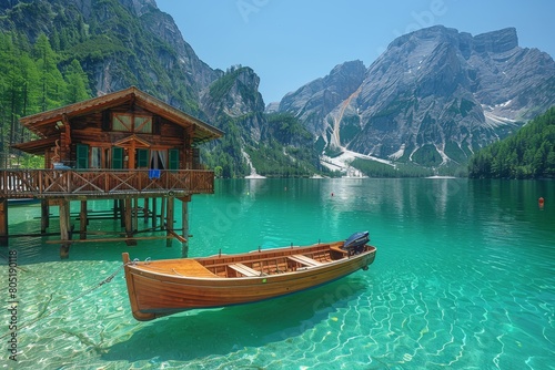 Bright blue skies highlight the perfect wooden hut and rowboat against a backdrop of sheer mountain cliffs