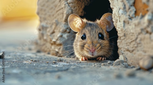 A mouse cautiously peeks out of its hole in the house wall.