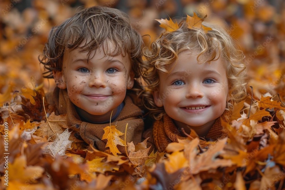 Two smiling children with lively eyes play in a pile of autumn leaves, evoking joy and the essence of fall Two smiling children with lively eyes play in a pile of autumn leaves, evoking joy and the essence of fall