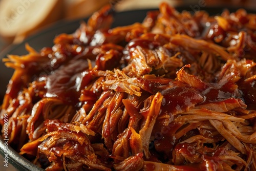 Delicious plate of pulled pork with tangy BBQ sauce. Perfect for food blogs or restaurant menus