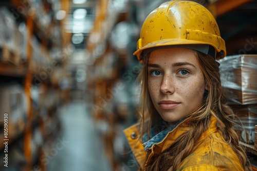 Portrait of an industrial worker with a safety helmet, showcasing determination and focus at a warehouse © Larisa AI
