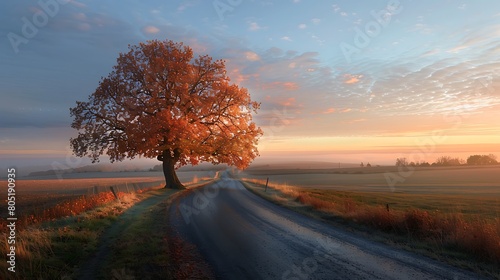 A lone tree stretches its branches over the roadside, its leaves ablaze with the colors of sunset, a solitary beacon of beauty in the fading light.