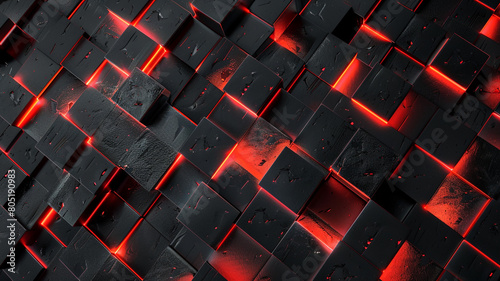3d render, red neon lines, geometric square shapes.abstract background	
