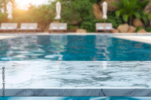 Empty white marble stone table top and blurred swimming pool in tropical resort in summer banner background - can used for display or montage your products. generative ai.