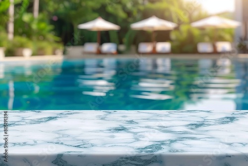 Empty white marble stone table top and blurred swimming pool in tropical resort in summer banner background - can used for display or montage your products. generative ai.