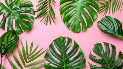   Green tropical leaves against a pink background  with empty space in the middle Pink background featuring an empty space in the center